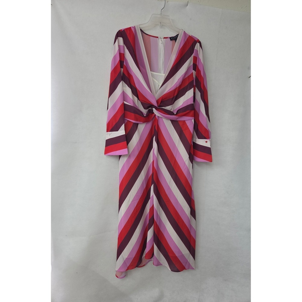 ELOQUII Twist Bodice Stripe Midi Dress Women 18 Pink Red Long Sleeve V-Neck New - Picture 2 of 13